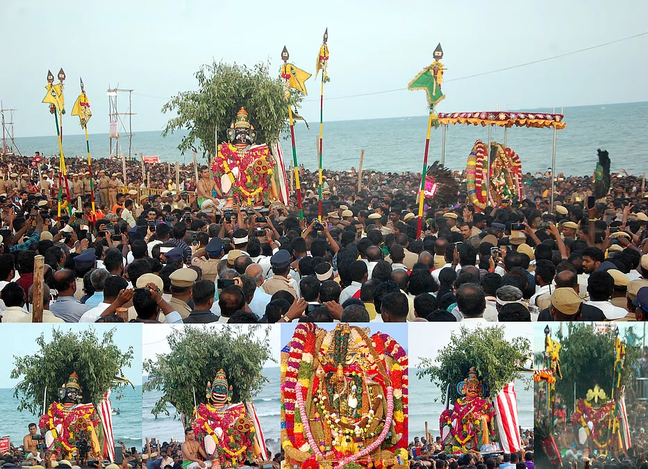 Historical collage showing crowds and the figures used in the seashore Soorasamharam enactment